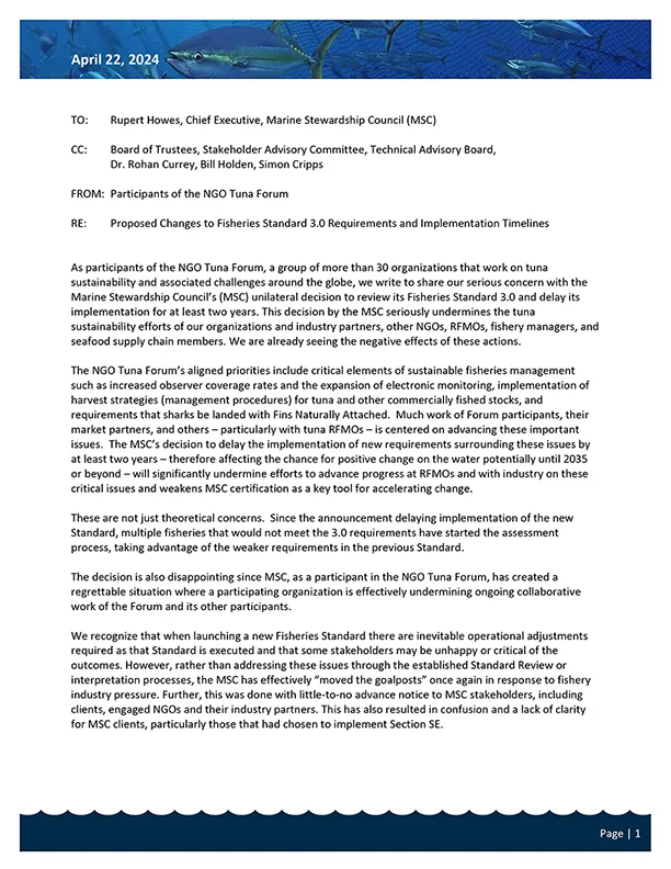Image of first page of letter - Forum Response to MSC - April 2024